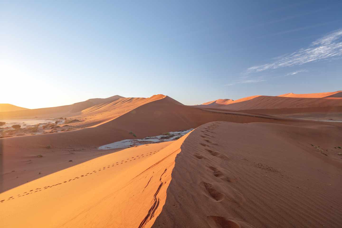 Orangefarbene Sanddünen von Sossusvlei im Morgenlicht der Namib-Wüste in Namibia