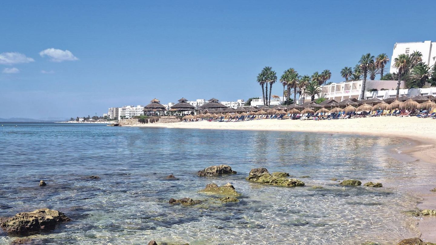 Sandstrand von Hammamet mit klarem Wasser  Palmen  Hotels und strohgedeckten Sonnenschirmen an der Mittelmeerküste