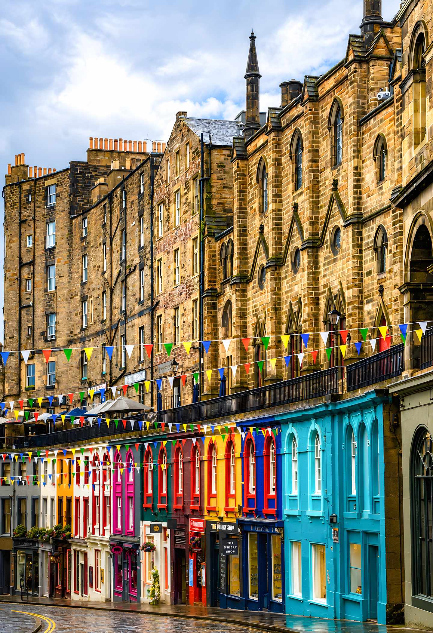 Bunte Häuserfassaden entlang der Victoria Street in Edinburgh mit historischen Sandsteingebäuden