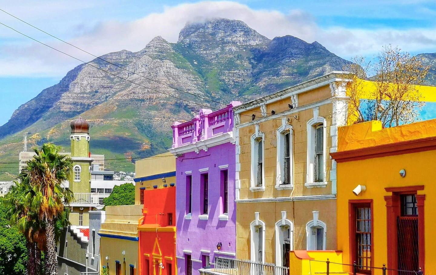 Bunte Häuser in Violett Orange und Gelb vor dem Signal Hill im Bo-Kaap-Viertel von Kapstadt
