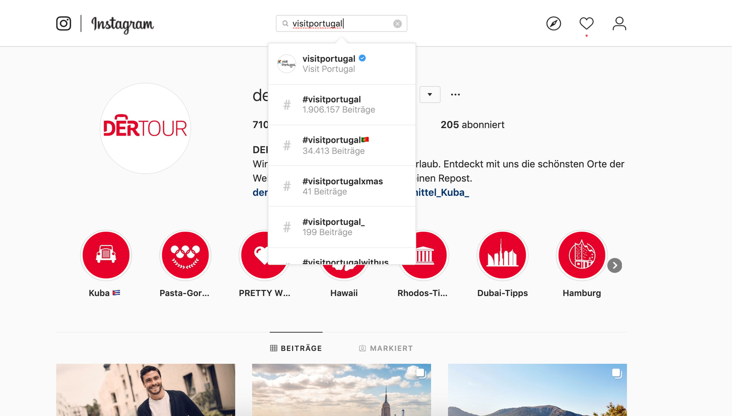 Hashtag-Suche auf dem Instagram-Account von DERTOUR