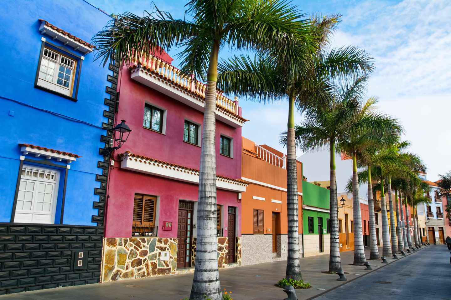Bunte Häuser und Palmen in Puerto de la Cruz