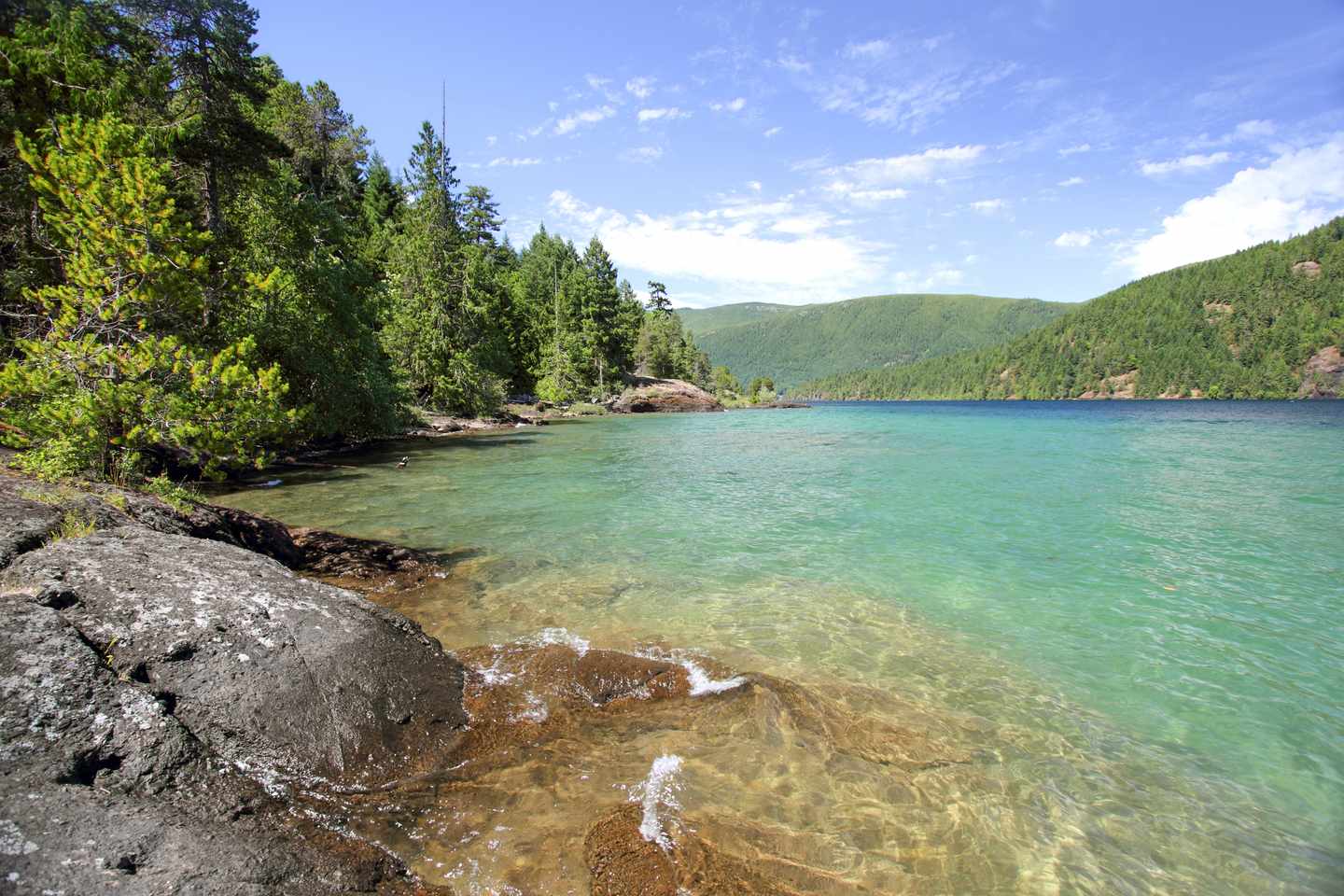 Cowichan Lake mit klarem Wasser, felsigem Ufer und dichtem Nadelwald auf Vancouver Island in British Columbia