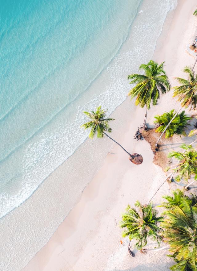 Jetzt entdecken Sandstrand Strand mit Palmen weißer Strand Kokospalmen auf einer ruhigen Insel am Morgen türkisfarbenes Wasser