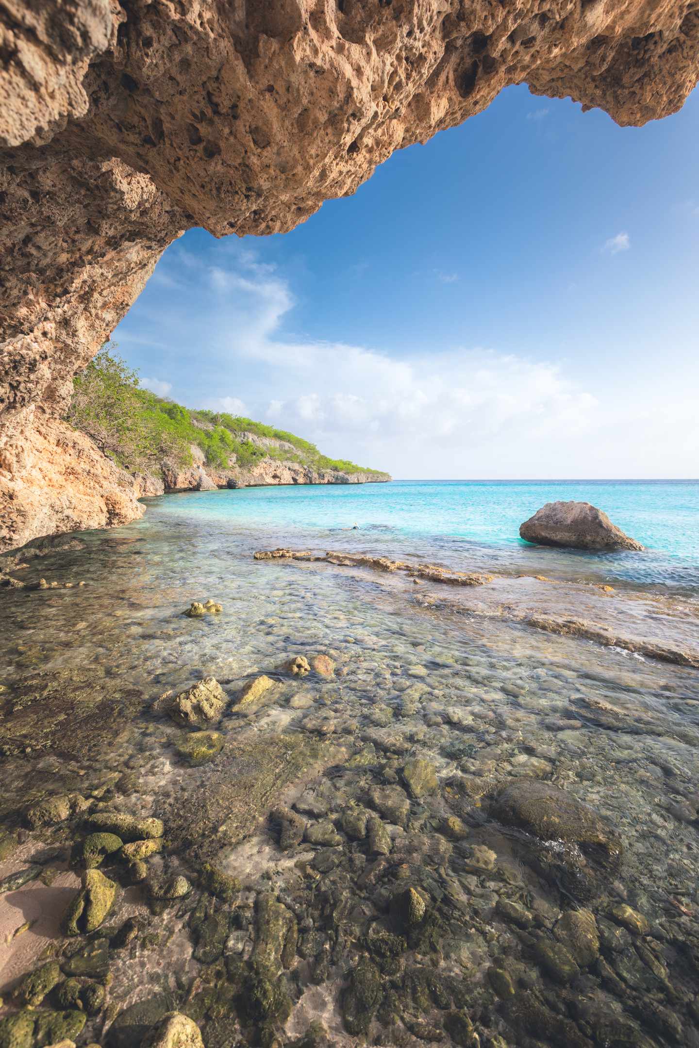 GettyImages-2206103518.jpg Reef Cliff Küste mit Wasser und Unterwasserfelsen, Cas Abao Strand, Curacao.