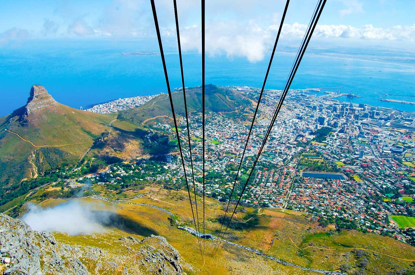 Blick von der Tafelberg-Seilbahn über Lion’s Head Kapstadt und die Atlantikküste in Südafrika