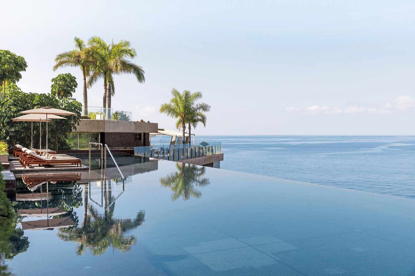 Infinity Pool mit Palmen des Saccarum Resort auf Madeira