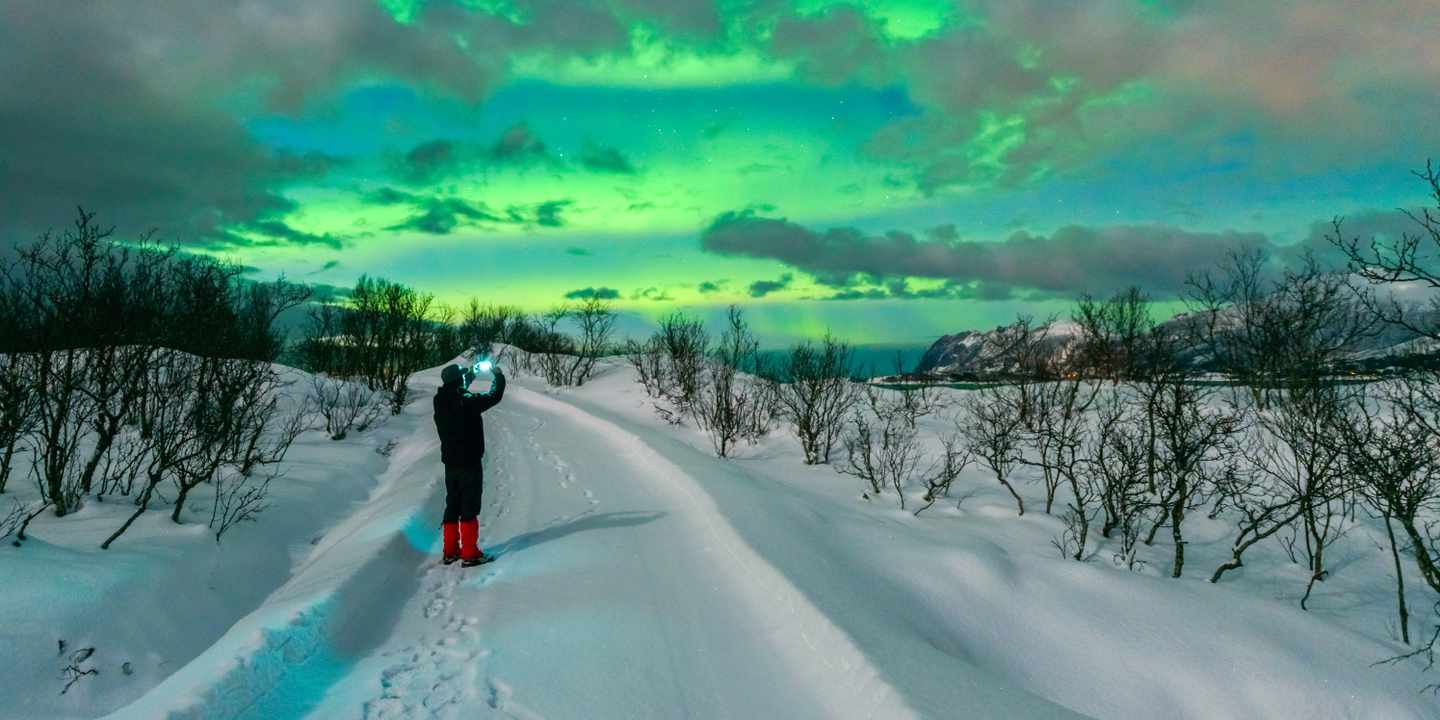Ein Mann fotografiert mit seinem Handy die grün leuchtenden Polarlichter auf der Insel Senja in Norwegen