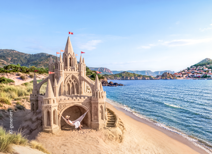 Sandburg: Frau in Hängematte am Strand