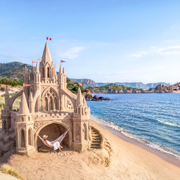 Sandburg: Frau in Hängematte am Strand