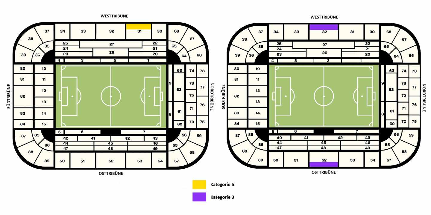 Stadionplan Borrussia Dortmund Saison 2026/27 mit gelber und lila Markierung Kategorie 3 und 5
