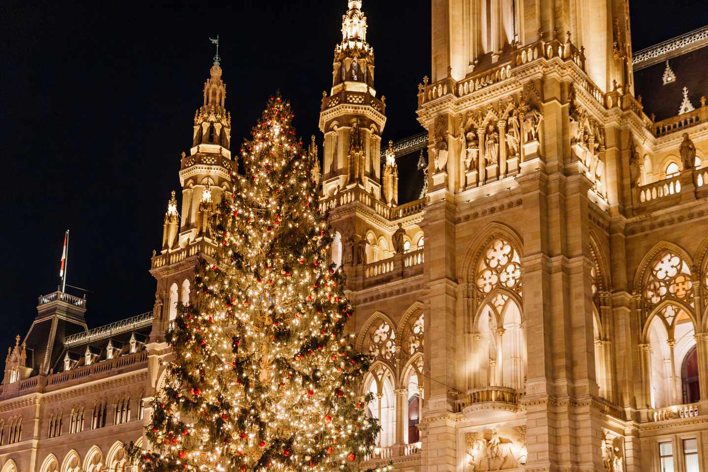 Beleuchteter Weihnachtsbaum vor dem neugotischen Wiener Rathaus bei Nacht auf dem Wiener Christkindlmarkt