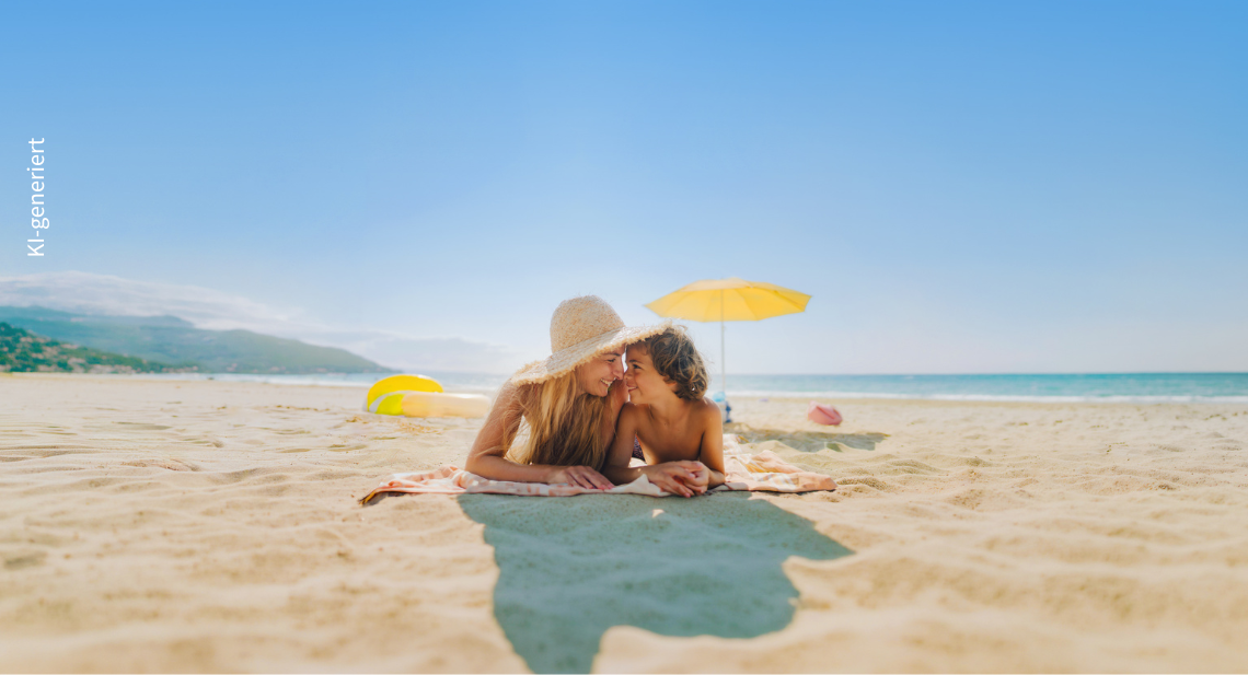 Glückliche Momente am Strand Mutter Sohn Badetag
