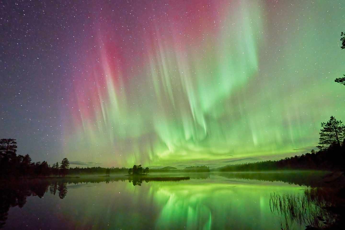 Beeindruckendes Farbspektakel der Aurora borealis über einem See in Schwedisch-Lappland