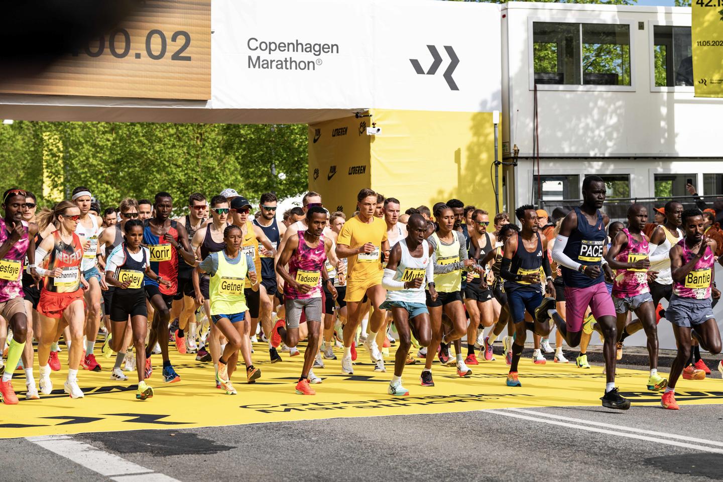 Marathon-Läufer bunt gekleidet starten beim Kopenhagen-Marathon den Lauf und laufen unter einem Torbogen mit Zeitanzeigee durch.