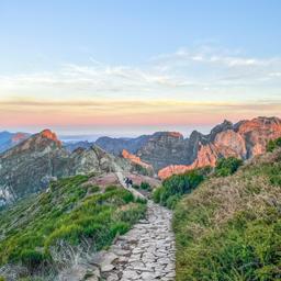 Steinweg mit Wandernden am Pico do Arieiro vor schroffen Berggipfeln im Morgenlicht auf Madeira, Portugal
