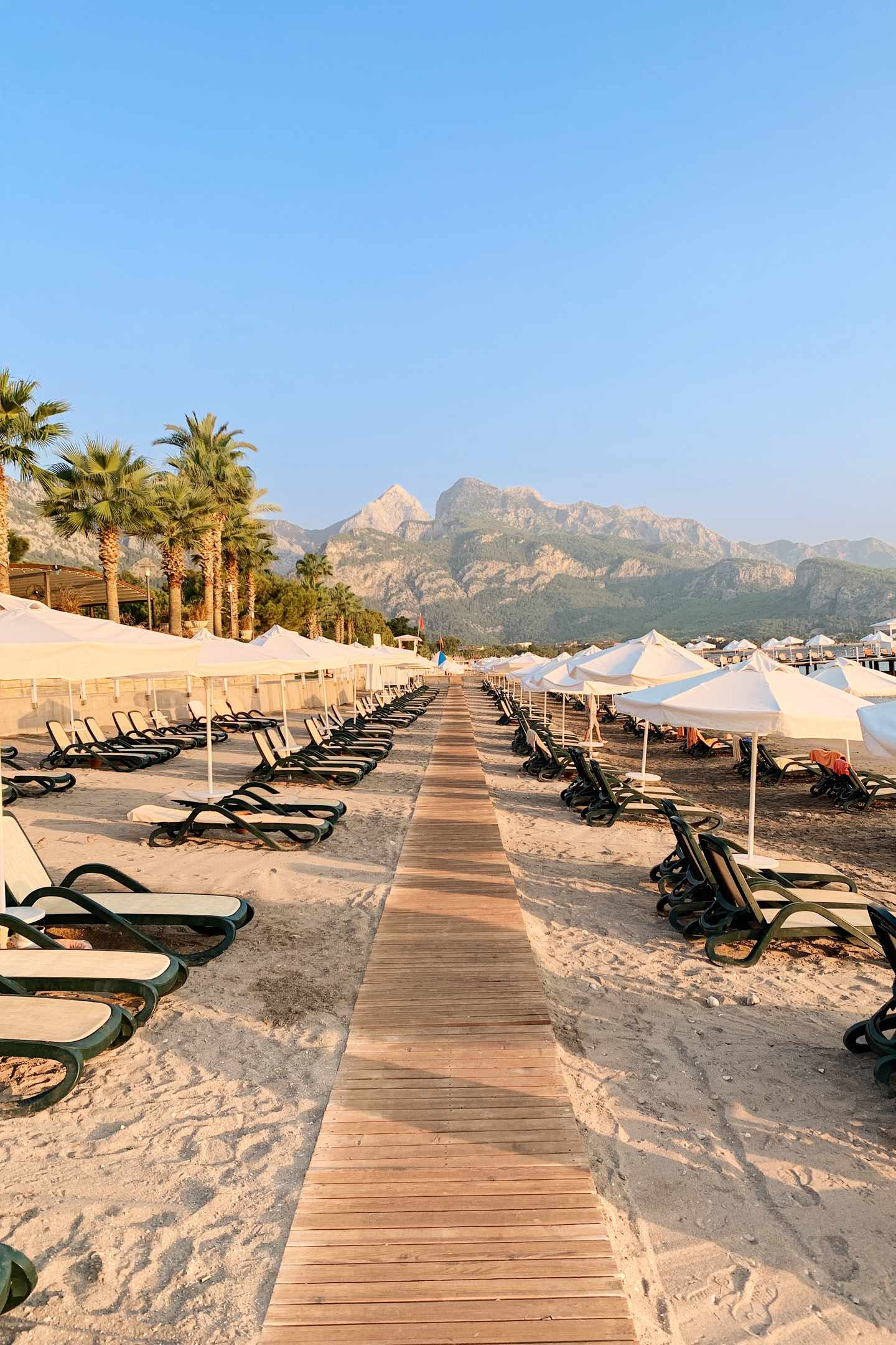 tuerkei-kemer-strand-liegen-sonnenschirme-g-1298453136.jpg Türkei Urlaub: Weitläufiger Strand in Kemer mit Liegestühlen, weißen Sonnenschirmen, Palmen und Bergen im Hintergrund