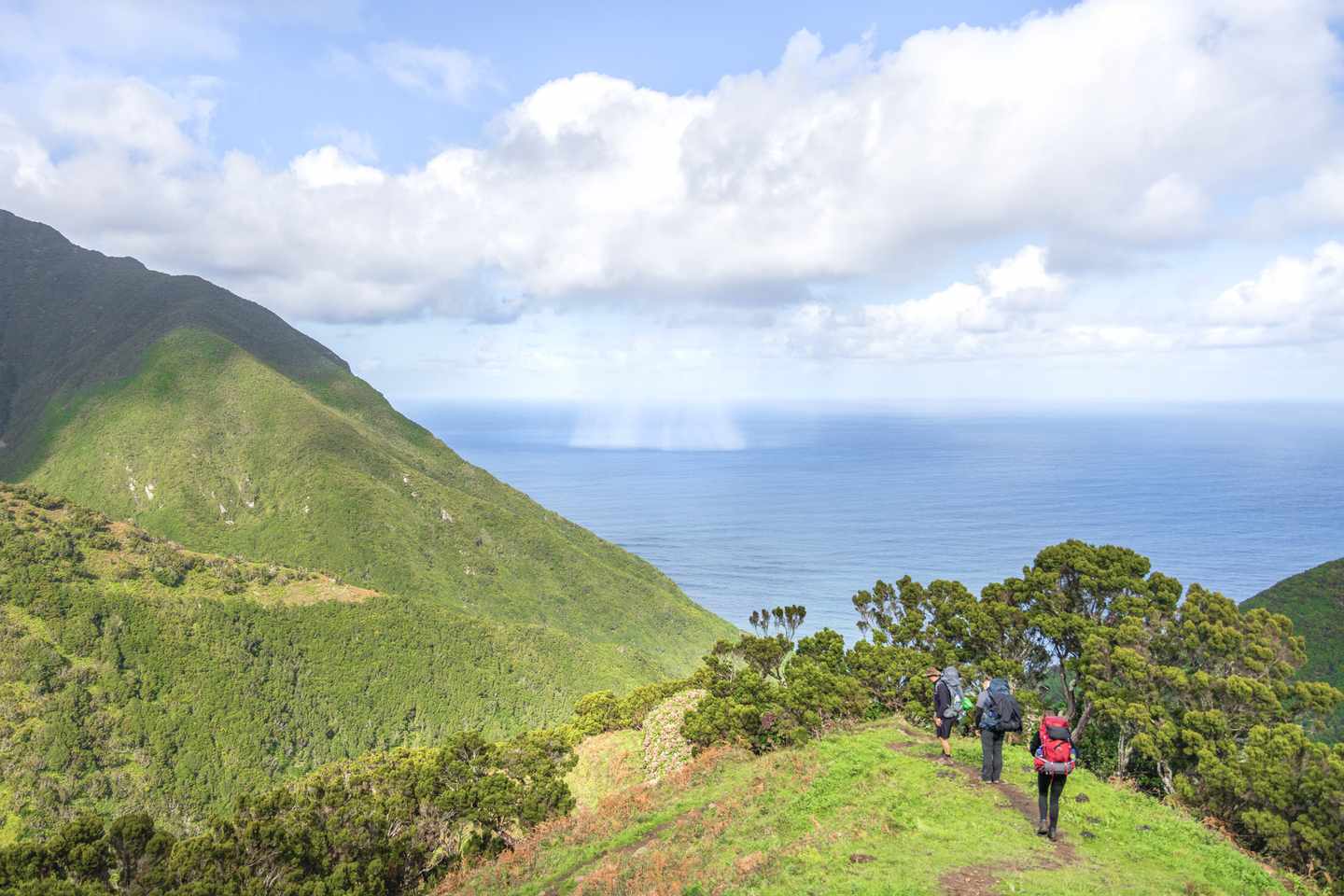 Wanderer auf einem Küstenpfad der Insel São Jorge mit Blick auf den Atlantik