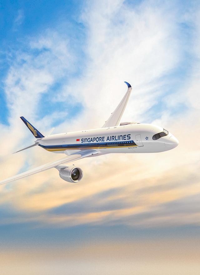 Jetzt entdecken Passagierflugzeug der Singapore Airlines im Flug vor wolkigem Himmel