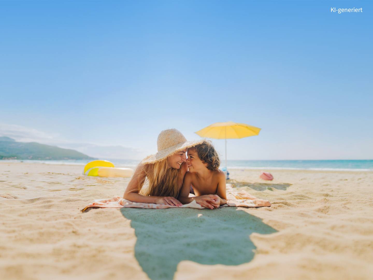 GettyImages_2257415771_KP_3641_26_KI_label_4zu3.jpg Mutter und Sohn liegen auf einem Strandtuch am Sandstrand und schauen sich lächelnd an